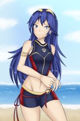 1girl absurdres ahoge armlet armpit_crease artist_name beach bikini bikini_shorts blue_bikini blue_eyes blue_hair brand_of_the_exalt breasts clenched_hands eyelashes female_focus fire_emblem fire_emblem_awakening groin happy highres intelligent_systems jewelry long_hair lucina_(cipher_swimsuit)_(fire_emblem) lucina_(fire_emblem) matching_hair/eyes midriff navel neck nintendo ocean official_alternate_costume outdoors print_bikini shorts sidelocks small_breasts smile sonicheroxd standing stomach summer swimsuit symbol_in_eye thighs tiara