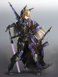 1girl animal_ear_fluff animal_ears armor blonde_hair blue_eyes bodysuit energy_sword fox_ears fox_tail full_body hair_between_eyes hand_on_hilt hand_on_own_hip highres hyemalequisetum long_hair looking_to_the_side mecha_musume multiple_swords multiple_weapons original planted planted_sword planted_weapon purple_eyes science_fiction sheath solo standing sword tail very_long_hair weapon
