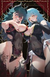 2girls absurdres ahoge aruna_reaver black_garter_straps black_gloves black_horns black_nails black_thighhighs blue_eyes blue_hair breasts covered_navel earrings elbow_gloves garter_straps gloves green_hair hand_on_another&#039;s_thigh hands_on_own_cheeks hands_on_own_face head_wings heart heart-shaped_pupils heart_tattoo heterochromia highres horns indie_virtual_youtuber jewelry large_breasts leg_tattoo leotard linea_alba long_hair milkie_(vtuber) mole mole_under_eye multiple_girls rasipan red_eyes second-party_source see-through_clothes see-through_leotard smile stomach_tattoo symbol-shaped_pupils tattoo thighhighs virtual_youtuber wings yellow_eyes