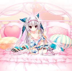 1girl :o absurdres bed bed_sheet blanket blush bra breasts butterfly_hair_ornament collarbone flat_chest full_body grey_hair hair_intakes hair_ornament hairband highres loli mayoeru_futari_to_sekai_no_subete nipples on_bed oversized_clothes parted_lips pillow pink_bra pink_eyes saeki_touka sitting small_breasts thigh_gap thighhighs underwear wariza white_thighhighs youta