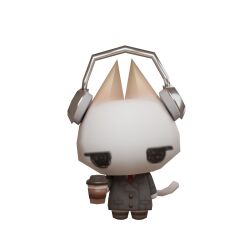 1other 3d animal_ears cat_ears cat_tail chibi chibi_only coat commentary cup disposable_coffee_cup disposable_cup english_commentary full_body furry headphones highres holding holding_cup jitome low_poly necktie original other_focus simple_background snackanimals standing tail white_background