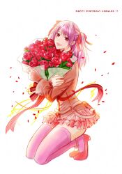 1girl anklet asukawvm asymmetrical_hair belt blush bouquet coat d.gray-man falling_petals fingerless_gloves flower gloves hair_between_eyes hair_ribbon happy_birthday highres holding holding_bouquet holding_flower jewelry kneeling legs lenalee_lee looking_at_viewer medium_hair miniskirt open_mouth orange_coat orange_gloves petals pink_eyes pink_hair pink_skirt pink_thighhighs pleated_skirt red_flower red_petals red_ribbon red_shoes red_stripes ribbon shoes sidelocks simple_background skirt smile solo string striped_coat striped_ribbon thighhighs thighs tiptoes two_side_up white_background white_stripes zettai_ryouiki
