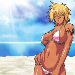 Rule 34 | 00s, 1girl, arrancar, beach, bikini, bikini pull, bleach, blonde hair, blush, breasts, cleavage, clothes pull, cropped, dark-skinned female, dark skin, day, female focus, green eyes, hollow (bleach), jose manuel, large breasts, micro bikini, navel, number tattoo, panties, panty pull, resurreccion, solo, ssjdubby, summer, swimsuit, tattoo, third-party edit, tier harribel, underwear