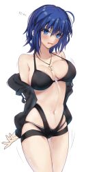 Rule 34 | 1girl, ahoge, bikini, black bikini, black jacket, blue eyes, blue hair, blush, breasts, c.i.e.l (fate), ciel (tsukihime), cross, cross necklace, fate/grand order, fate (series), highres, jacket, jewelry, large breasts, mysterious executor c.i.e.l (fate), necklace, short hair, solo, swimsuit, tagme, toomishou
