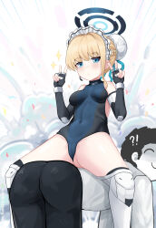 !? 1boy 1girl absurdres all_fours ass batazungharn black_gloves black_hair black_pants blue_archive blue_eyes blurry bow bracelet bun_cover business_casual cameltoe collared_shirt commentary_request covered_clitoris covered_navel depth_of_field doodle_sensei_(blue_archive) double_v elbow_pads explosion expressionless fingerless_gloves gloves hair_between_eyes hair_bow hair_bun hair_ribbon halo heattech_leotard highres jewelry knee_pads leotard light_brown_hair long_hair long_sleeves maid maid_headdress official_alternate_costume pants ribbon riding sensei_(blue_archive) shirt sidelocks simple_background single_hair_bun sleeveless sparkle spread_legs thighhighs toki_(blue_archive) turtleneck v white_shirt white_thighhighs