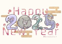 2025 animal_focus arbok black_eyes bright_pupils chinese_zodiac colored_sclera commentary_request fangs forked_tongue gen_1_pokemon gen_3_pokemon gen_5_pokemon gen_8_pokemon green_eyes happy_new_year murase_(muraselelait) new_year nintendo no_humans pokemon pokemon_(creature) red_eyes red_sclera sandaconda serperior seviper snake tongue tongue_out twitter_username white_pupils year_of_the_snake