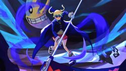 1girl black_coat blonde_hair boots coat commentary english_commentary full_body gloves holding holding_scythe long_coat looking_at_viewer lv5plant maka_albarn red_skirt scythe skirt soul_eater soul_eater_moon twintails wind
