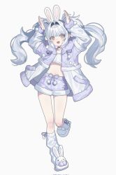 0_o_s_k 1girl :d animal_ears animal_slippers arms_up blue_hair blunt_bangs blush choker commentary commission corrupted_twitter_file eyes_visible_through_hair full_body fur-trimmed_jacket fur-trimmed_shorts fur-trimmed_sleeves fur_trim highres jacket long_hair long_sleeves looking_at_viewer loose_socks midriff navel open_clothes open_jacket open_mouth original purple_choker purple_jacket purple_shorts rabbit_ears rabbit_pose short_shorts shorts simple_background slippers smile socks solo standing standing_on_one_leg twintails white_background white_slippers white_socks yellow_eyes