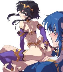 1boy 1girl anklet arabian_clothes armlet ass assertive_female back bare_shoulders belly_chain black_hair blue_hair blush bracelet breasts buttjob censored choker circlet commission commissioner_upload covered_erect_nipples dancer earrings fingerless_gloves fire_emblem fire_emblem:_genealogy_of_the_holy_war from_behind girl_on_top gloves grinding headband hetero highres jewelry larcei_(fire_emblem) legs looking_at_viewer looking_back nintendo no_panties no_pants penis penis_on_ass seliph_(fire_emblem) sex shiratama_(siratama5656) short_hair sidelocks skeb_commission smile smug spread_legs star_(symbol) straddling sweatdrop thighhighs thighlet thighs white_background white_headband