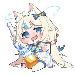 Rule 34 | 1girl, ahoge, alcohol, animal ear fluff, animal ears, anklet, barefoot, beer, beer bottle, blonde hair, blue bow, blue sailor collar, blue streaks, blunt bangs, blush, bottle, bow, cat ears, chibi, chibi only, dress, drooling, drunk, fins, fish girl, fish tail, hair bow, highres, holding, holding bottle, indie virtual youtuber, innertube hair ornament, jewelry, long hair, looking at viewer, low twintails, midriff, mouth drool, multicolored hair, paper boat, sailor collar, sailor dress, sameko saba, seeing stars, short shorts, shorts, sitting, sleeveless, sleeveless dress, solo, streaked hair, tail, twintails, ugaaaa1, very long hair, white background, white dress, white shorts