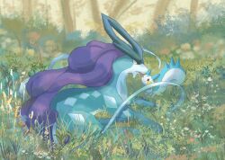 Rule 34 | flower, gen 2 pokemon, gen 4 pokemon, grass, highres, legendary pokemon, licking, long hair, lying, nintendo, no humans, one eye closed, pachirisu, pokemon, pokemon (creature), purple hair, ribbon, smile, spikes, suicune, tree, very long hair, volpecorvo