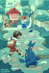 2boys ^_^ backpack bag beetle brown_hair bug celebi closed_eyes commentary dragonair forest fourleafisland gen_1_pokemon gen_2_pokemon heracross highres horns insect legendary_pokemon looking_back male_focus multiple_boys mythical_pokemon nature nintendo on_grass original pichu poke_ball_print pokemon pokemon_(creature) pokemon_gsc print_shorts red_bag red_shorts shorts shrine single_horn sparkle spiky-eared_pichu sunlight tree yellow_eyes