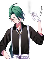 1girl 9eras9 androgynous black_shirt cigarette closed_eyes earrings facing_viewer game_freak gloves green_hair hand_on_own_hip hand_up highres holding holding_cigarette jewelry long_hair necktie nintendo pokemon pokemon_masters_ex reverse_trap rika_(pokemon) shirt simple_background smile smoke solo suspenders swept_bangs triangle_earrings upper_body white_background white_gloves white_necktie