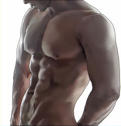 1boy abs closed_mouth collarbone commentary_request cowboy_shot from_side groin hands_out_of_frame head_out_of_frame highres korean_commentary male_focus muscular muscular_male navel nipples nude original pectorals realistic simple_background solmuk0 solo veins veiny_arms white_background