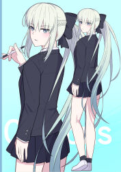 Rule 34 | 1girl, absurdres, black bow, black jacket, black skirt, blue eyes, bow, braid, breasts, fate/grand order, fate (series), full body, grey hair, hair bow, highres, jacket, long hair, long sleeves, looking at viewer, medium breasts, morgan le fay (fate), natu zame, ponytail, school uniform, sidelocks, skirt, very long hair, zoom layer