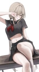 1girl absurdres arm_up bare_legs black_dress black_sailor_collar black_serafuku black_shirt blonde_hair blush breasts commentary cowboy_shot dress hair_ornament hairpin highres laneigu long_hair looking_at_viewer low_twintails medium_breasts midriff mole mole_under_eye navel neckerchief open_mouth original panties pantyshot pleated_skirt red_neckerchief rubbing_eyes sailor_collar school_uniform serafuku shirt short_sleeves simple_background sitting skirt socks solo thighs twintails underwear white_background white_panties white_socks yellow_eyes yuzu_(laneigu)