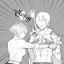 1boy 1girl abs black_hair coat dante_(devil_may_cry) devil_may_cry devil_may_cry_(series) devil_may_cry_3 emphasis_lines gloves grey_background highres jumpoon lady_(devil_may_cry) midriff no_shirt rebellion_(sword) shirt simple_background sketch sword sword_on_back tearing_clothes torn_clothes weapon weapon_on_back
