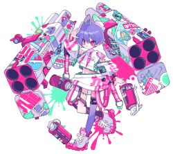 1boy animal_ears asymmetrical_legwear belt black_socks boots check_commentary child commentary_request crop_top crossdressing highres hood hoodie kneehighs male_focus midriff miniskirt mismatched_legwear navel original ozureiji paint_splatter pink_belt pink_eyes rocket_launcher scope single_kneehigh single_sock single_thighhigh skirt socks spray_can stitches thigh_strap thighhighs trap weapon white_background white_boots white_hoodie white_skirt
