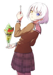 1girl absurdres bang_dream! bang_dream!_it&#039;s_mygo!!!!! blue_eyes brown_shirt commentary_request food food_on_face grey_skirt hanasakigawa_school_uniform heterochromia highres holding_ice_cream_scoop_(utensil) ice_cream_scoop_(utensil) kaidouzy kaname_raana long_sleeves matcha_(food) matcha_parfait partial_commentary plaid_clothes plaid_skirt pleated_skirt sailor_collar school_uniform serafuku shirt short_hair simple_background skirt solo white_background white_hair white_sailor_collar yellow_eyes