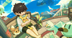1boy barefoot bench black_hair black_shorts brown_eyes commentary eevee gen_1_pokemon highres holding kotoba_(1074421015) male_focus nintendo open_mouth outdoors pikachu pokemon pokemon_(creature) shirt short_hair short_shorts short_sleeves shorts sitting toes white_shirt
