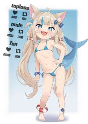 Rule 34 | 1girl, absurdres, ahoge, animal ears, bikini, blonde hair, blue bikini, blue bow, blue eyes, blue hair, blue nails, bow, breasts, cat ears, fangs, fins, fish girl, fish tail, hair bow, hand on own hip, harioqi, highres, indie virtual youtuber, lifebuoy hair ornament, long hair, low twintails, micro bikini, multicolored hair, nail polish, navel, one side up, open mouth, sameko saba, side-tie bikini bottom, small breasts, smile, solo, streaked hair, swimsuit, tail, teeth, toenail polish, toenails, twintails, two-tone hair, upper teeth only, very long hair, virtual youtuber
