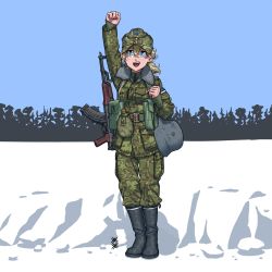 1girl :d akm arm_up army artist_logo assault_rifle belt black_boots blonde_hair blue_eyes blush boots brown_belt clenched_hand collar commentary english_commentary estonian_flag flask full_body fur-trimmed_collar fur_trim gun hair_between_eyes hat helmet highres jacket kalashnikov_rifle logo long_sleeves looking_at_viewer medium_hair military military_combat_uniform military_hat military_uniform open_mouth original ostwindprojekt pants pocket ponytail pouch rifle simple_background smile solo standing weapon