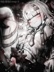 1boy 1girl bilibili_username blur_censor blush censored chinatsu_remiel chinese_commentary clenched_teeth commentary_request condom condom_on_penis female_ejaculation green_eyes greyscale hair_ornament hairclip hetero highres kupa_(jesterwii) loli long_hair monochrome motion_lines necktie paid_reward_available penis pussy shirt solo_focus tears teeth vaginal variant_set x_hair_ornament zenless_zone_zero