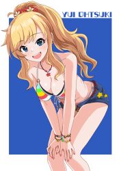 bead_bracelet beads bikini bikini_under_clothes blonde_hair blue_eyes blue_shorts bracelet breasts character_name cleavage denim denim_shorts front-tie_bikini_top front-tie_top halterneck hands_on_own_knees highres idolmaster idolmaster_cinderella_girls illustscody jewelry large_breasts leaning_forward multiple_bracelets necklace o-ring o-ring_bikini ohtsuki_yui open_clothes open_mouth open_shorts ponytail rainbow_bikini shorts side-tie_bikini_bottom sidelocks smile striped_bikini striped_clothes swimsuit teeth upper_teeth_only wavy_hair