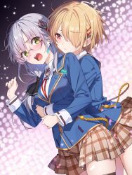 2girls blonde_hair blue_jacket blush breasts glasses green_eyes grey_hair hair_ornament hair_over_one_eye hair_over_shoulder hairclip heaven_burns_red highres hug hug_from_behind izumi_yuki_(heaven_burns_red) jacket kayamori_ruka long_hair long_sleeves low-tied_long_hair multiple_girls necktie netarou_(shinra) one_eye_covered red_eyes red_necktie round_eyewear shirt short_hair white_shirt yuri
