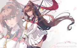 1girl bottle breasts brown_hair character_name cherry_blossoms clothing_cutout collar flower hair_flower hair_intakes hair_ornament headgear high-waist_skirt highres himeyamato holding holding_bottle holding_umbrella kantai_collection large_breasts long_hair long_sleeves metal_collar miniskirt oil-paper_umbrella pleated_skirt ponytail ramune red_eyes sakuramon shirt shoulder_cutout sidelocks skirt solo umbrella very_long_hair white_shirt white_skirt yamato_(kancolle) yamato_kai_ni_(kancolle)