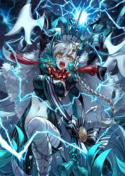 angry braid breasts e-stellar_marie energy fate/grand_order fate_(series) game_cg hagiya_kaoru horns large_breasts long_hair looking_at_viewer official_art olga_marie_animusphere screaming single_horn slit_pupils teeth third-party_source thunder u-olga_marie upper_teeth_only yellow_eyes