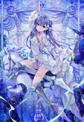 1girl bow breasts carousel detached_sleeves dress earrings fate/extra fate/extra_ccc fate/grand_order fate_(series) frilled_dress frilled_sleeves frills hair_bow highres holding holding_pole horseback_riding hutuu_(1121) jewelry long_hair long_sleeves looking_at_viewer meltryllis_(fate) necklace pole prosthesis prosthetic_leg purple_eyes purple_hair ribbon riding sidesaddle small_breasts solo very_long_hair white_horse