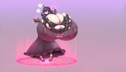1girl ? absurdres black_dress black_footwear breasts bursting_breasts completely_nude covered_erect_nipples dress full_body gigantic_breasts hex_maniac_(pokemon) highres magic_circle metachoke nintendo nude pokemon pokemon_xy purple_background purple_eyes purple_hair simple_background smile solo spoken_question_mark standing torn_clothes
