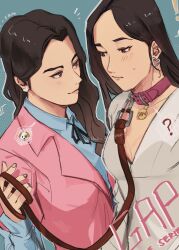 2girls ? absurdres animal_collar black_eyes black_ribbon blue_background blue_shirt collar collared_shirt commentary copyright_name dog_emoji earrings english_commentary gap:_the_series heart heart_earrings highres holding holding_leash jacket jewelry kornkamon_phetpailin leash multiple_girls neck_ribbon pink_jacket ribbon samanun_anuntrakul shirt signature small_sweatdrop smile spoken_emoji spoken_question_mark the_quipper v-neck white_shirt yuri