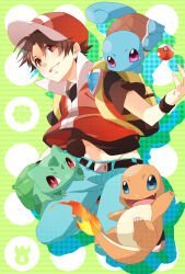 1boy belt black_belt black_shirt blue_eyes blue_pants brown_hair bulbasaur charmander drop_shadow evolutionary_line gen_1_pokemon green_background hajime_(starrysky_cat33) highres jacket male_focus midriff_peek navel nintendo pants parted_lips pink_eyes poke_ball poke_ball_(basic) pokemon pokemon_(creature) pokemon_frlg red_(pokemon) red_eyes red_jacket red_shirt shirt squirtle vs_seeker yellow_bag