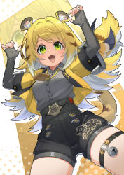 1girl animal_ear_fluff animal_ears black_gloves breasts claw_pose collared_shirt cowboy_shot elbow_gloves fang fingerless_gloves gloves green_eyes grey_shirt high-waist_shorts jacket ju_fufu looking_at_viewer open_mouth orange_fur shirt shorts small_breasts smile striped_fur striped_hair tail thigh_strap tiger_ears tiger_girl tiger_stripes tiger_tail waha_(artist) yellow_jacket zenless_zone_zero
