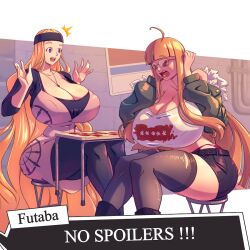 2girls blonde_hair breasts cleavage closed_eyes covered_erect_nipples curvy female_focus glasses huge_breasts jewelry long_hair mifune_chihaya multiple_girls n647 orange_hair pendant persona persona_5 purple_eyes sakura_futaba shorts speech_bubble thick_thighs thighhighs thighs very_long_hair