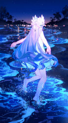 1girl absurdres alternate_costume arknights back barefoot dress gradient_hair highres lyuqiu muelsyse_(arknights) multicolored_hair night night_sky ocean scenery sky solo standing standing_on_one_leg star_(sky) starry_sky water white_dress white_hair