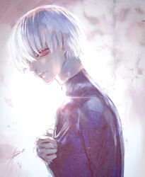 1boy beco_(karikaribaconchan) black_shirt from_side kaneki_ken looking_to_the_side male_focus red_eyes shirt short_hair signature smile solo tokyo_ghoul white_background white_hair