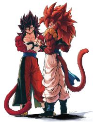2boys absurdres bare_pectorals biceps black_hair blue_eyes body_fur brown_fur dragon_ball dragon_ball_gt dragon_ball_heroes earrings fusion fusion_dance gogeta hair_between_eyes highres jewelry metamoran_vest monkey_boy monkey_tail multiple_boys no_nipples pants pectorals potara_earrings red_fur red_hair relio_db318 simple_background spiked_hair super_saiyan super_saiyan_4 tail vegetto vegetto_(xeno) white_background white_pants