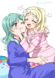 2girls :3 :d :t ^_^ aqua_hair blonde_hair blush cheek-to-cheek cheek_press closed_eyes commentary_request flower grabbing_another&#039;s_face gradient_hair hair_flower hair_ornament head_grab heads_together long_sleeves love_live! love_live!_superstar!! motion_lines multicolored_hair multiple_girls one_eye_closed onitsuka_natsumi onitsuka_tomari open_mouth pajamas pink_hair pink_pajamas purple_pajamas siblings simple_background sisters smile split_mouth three-quarter_sleeves twitter_username two-tone_hair unya white_background white_flower