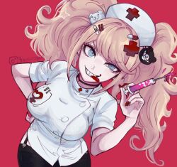 Rule 34 | 1girl, amasaiyurii, bandaid, bandaid hair ornament, black pants, blonde hair, breasts, cross hair ornament, enoshima junko, hair ornament, hat, holding, holding syringe, large breasts, long hair, nurse, nurse cap, pants, pill hair ornament, red background, shirt, short sleeves, simple background, smile, solo, syringe, twintails, white shirt