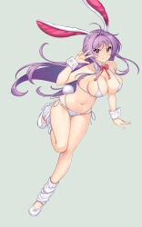 Rule 34 | 1girl, ahoge, animal ears, bare shoulders, bikini, blush, bow, bowtie, breasts, cleavage, collar, detached collar, earrings, floating hair, green background, groin, hataraki kuma, high heels, highres, imperishable night, jewelry, large breasts, leg warmers, long hair, looking at viewer, micro bikini, navel, nontraditional playboy bunny, playboy bunny bikini, purple hair, rabbit ears, rabbit girl, rabbit tail, red bow, red eyes, reisen udongein inaba, side-tie bikini bottom, sidelocks, simple background, smile, solo, standing, standing on one leg, string bikini, stud earrings, swimsuit, tail, thighs, touhou, very long hair, w, white bikini, white collar, white footwear, white leg warmers, wrist cuffs
