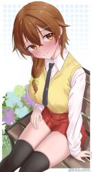 Rule 34 | 1girl, absurdres, black necktie, black thighhighs, blue flower, blush, border, bow, breasts, brown eyes, brown hair, closed mouth, collared shirt, commentary request, commission, crossed bangs, dress shirt, feet out of frame, flower, green flower, hair between eyes, hair bow, hair ornament, hair over shoulder, highres, large breasts, long hair, long sleeves, low-tied long hair, miniskirt, narumi misaki (kuya2009), necktie, on bench, original, outside border, over-kneehighs, pixiv commission, pleated skirt, purple flower, red skirt, rikka006, school uniform, shirt, sitting, skirt, solo, split mouth, sweater vest, thighhighs, white border, white shirt, x hair ornament, yellow bow, yellow sweater vest