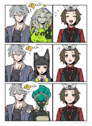 absurdres animal_ears asha_(zenless_zone_zero) black_hair blonde_hair brown_hair elfy_(zenless_zone_zero) fox_ears fox_girl glass green_eyes green_hair green_jacket hailey_(zenless_zone_zero) highres hoshimi_miyabi jacket robot_girl upper_body wise_(zenless_zone_zero) yatou_cue zenless_zone_zero