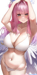 1girl absurdres armpits arms_up bikini blue_archive blush breasts cleavage closed_mouth collarbone commentary_request dreamtokitty feathered_wings hair_bun hair_intakes halo highres large_breasts long_hair looking_at_viewer low_wings mika_(blue_archive) navel pink_hair pink_halo simple_background single_hair_bun single_side_bun smile solo stomach swimsuit twitter_username white_background white_bikini white_wings wing_ornament wings yellow_eyes