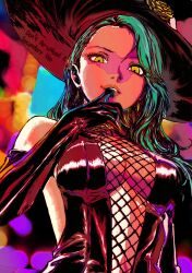 Rule 34 | 1girl, absurdres, aqua hair, bare shoulders, black dress, black gloves, black lips, breasts, collar, dress, earrings, elbow gloves, eyeliner, eyeshadow, gloves, grey hair, hat, highres, jewelry, long hair, looking at viewer, makeup, niijima sae, oeilvert fft, persona, persona 5, shadow (persona), shadow sae, spiked collar, spikes, yellow eyes