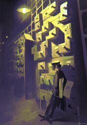 1boy absurdres artist_name black_hair black_hat black_jacket black_pants black_shoes english_text full_body hat highres jacket male_focus original pants scenery shoes short_hair solo sorrowny