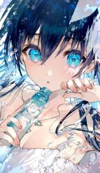 1girl black_hair blue_eyes bottle breasts cleavage highres holding holding_bottle jewelry mimoza_(96mimo414) necklace pink_nails solo water