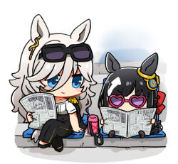 2girls animal_ears bench black_hair chibi chrono_genesis_(umamusume) commentary_request curren_chan_(umamusume) gold_ship_(umamusume) grey_hair hair_ornament kni long_hair multiple_girls newspaper perry_steam_(umamusume) reading ribbon smile sunglasses umamusume umamusume:_beginning_of_a_new_era